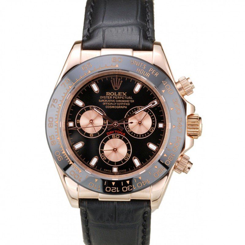 Rolex Daytona Rose Gold Case Black Dial Black Leather Strap